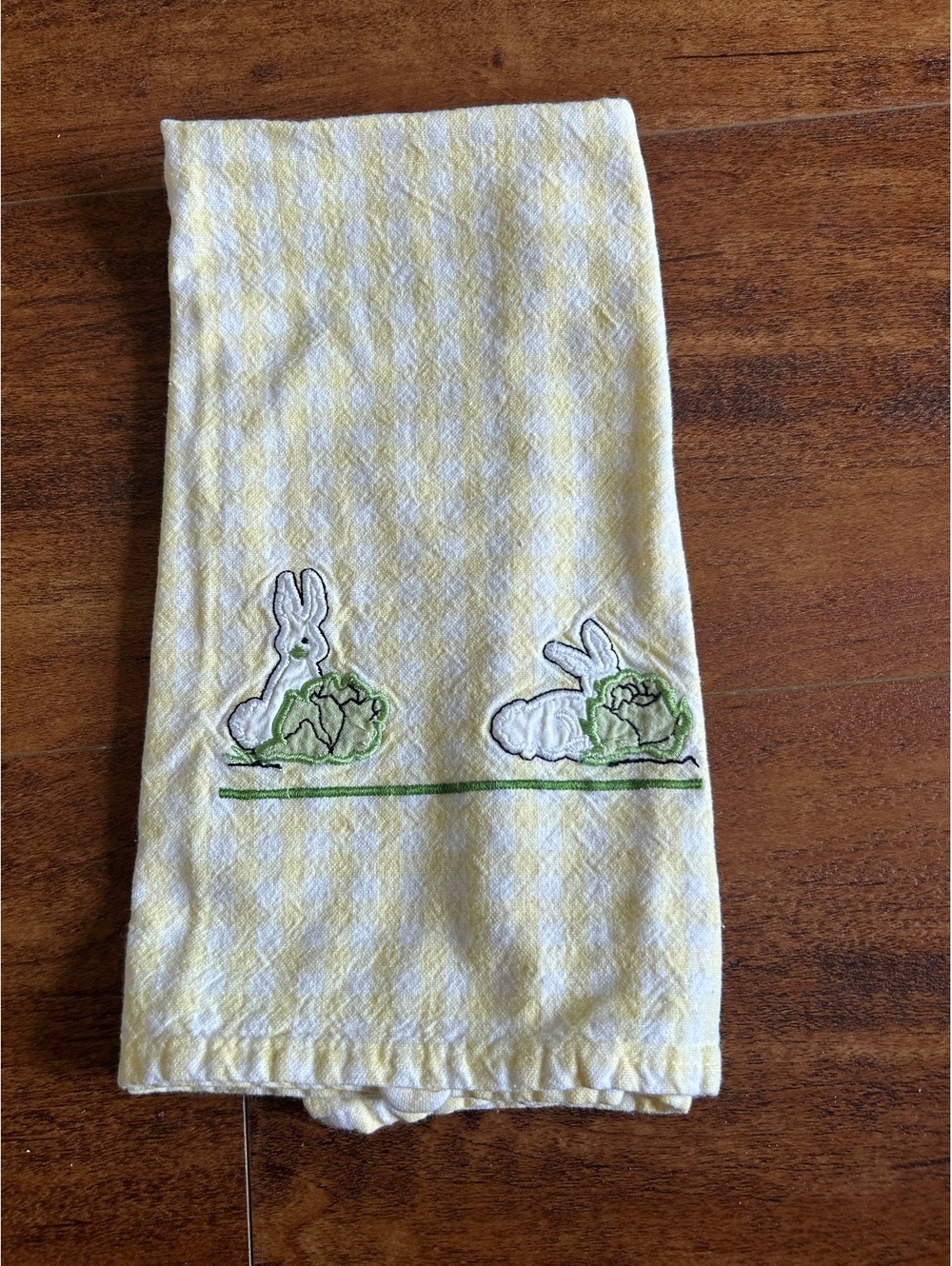 Yellow Checkered Kitchen Towel with Bunny and Lettuce Embroidery